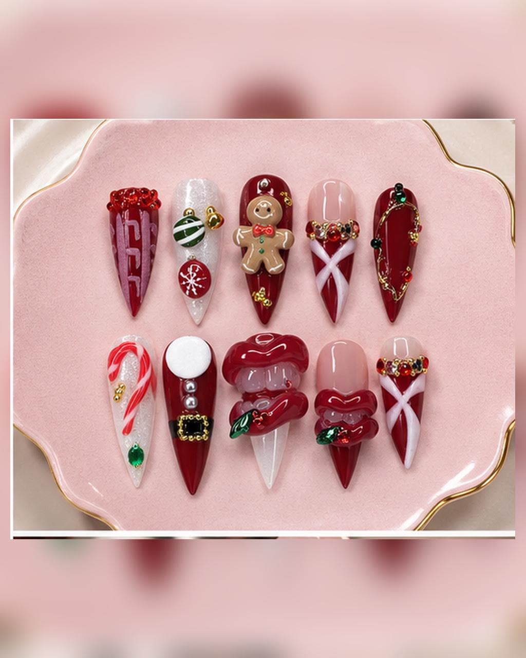 Christmas Press On Nails With Gingerbread, Candy Cane, Rhinestones, and 3D Details
