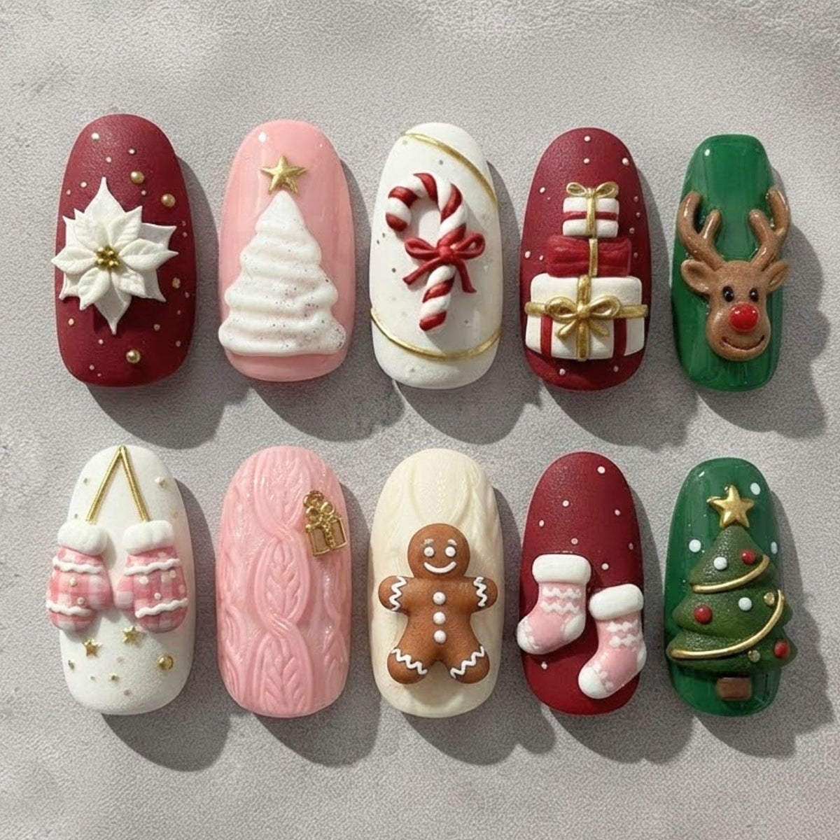 Christmas Press On Nails With Gingerbread, Poinsettia, Tree and Gift Designs