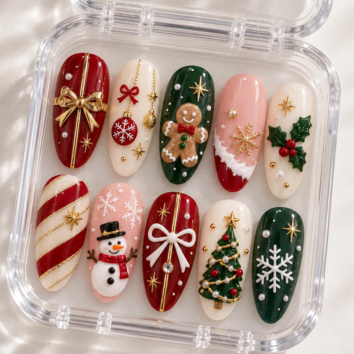 Christmas Press-On Nails with Gingerbread, Snowman, Bows, and Holiday Ornaments