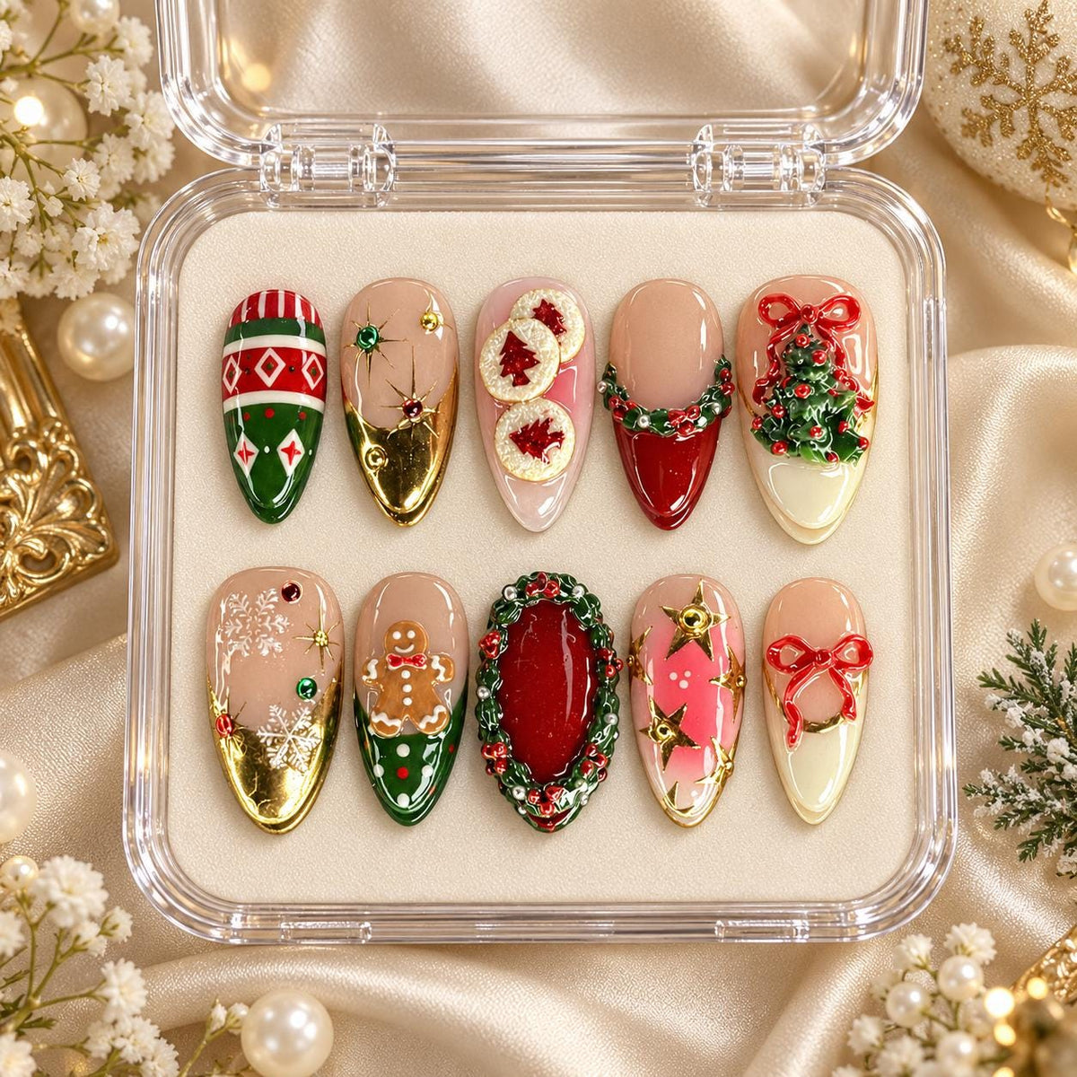 Christmas Press On Nails With Gingerbread, Wreath, Bows, Snowflakes & Argyle