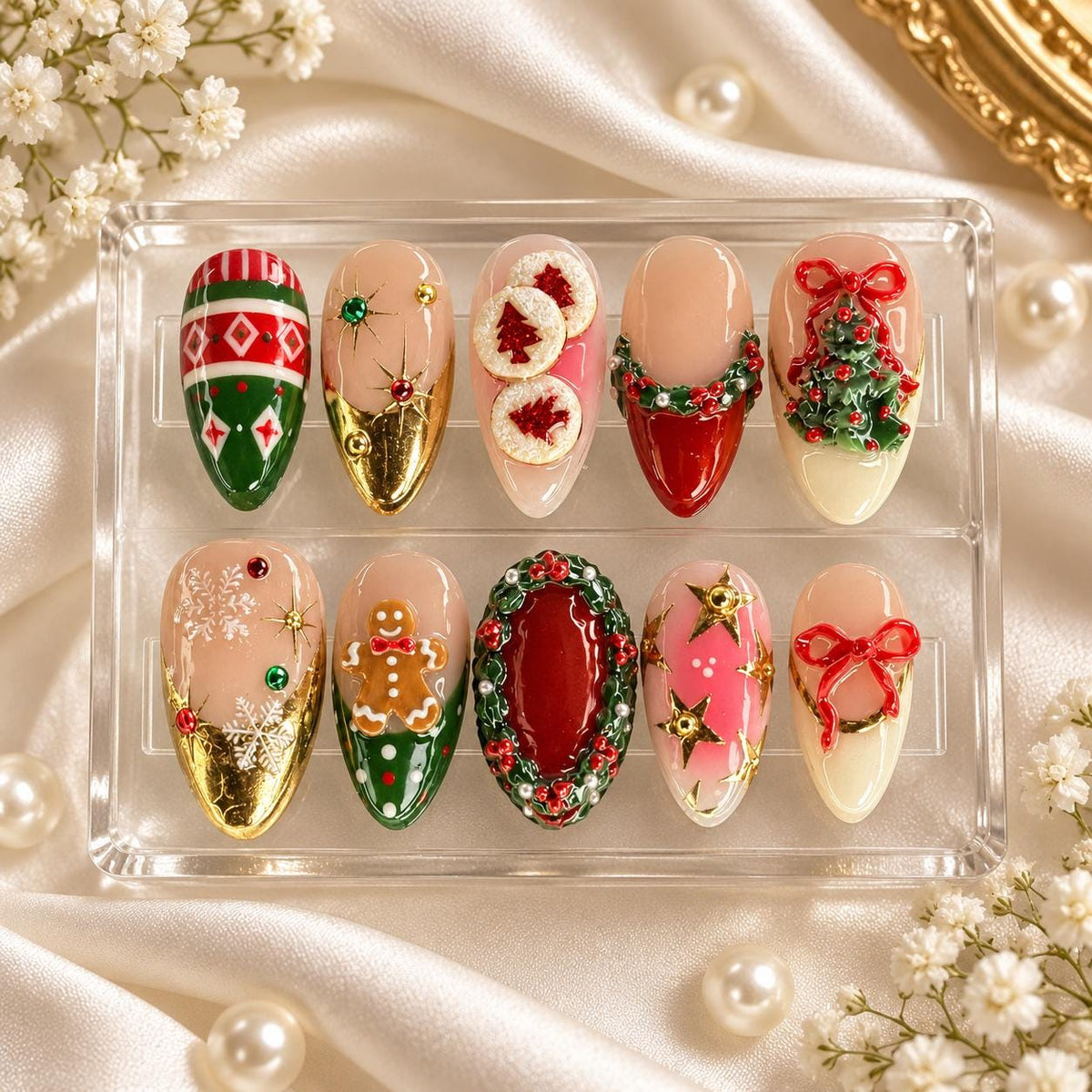Christmas Press On Nails With Gingerbread, Wreath, Bows, Snowflakes & Argyle