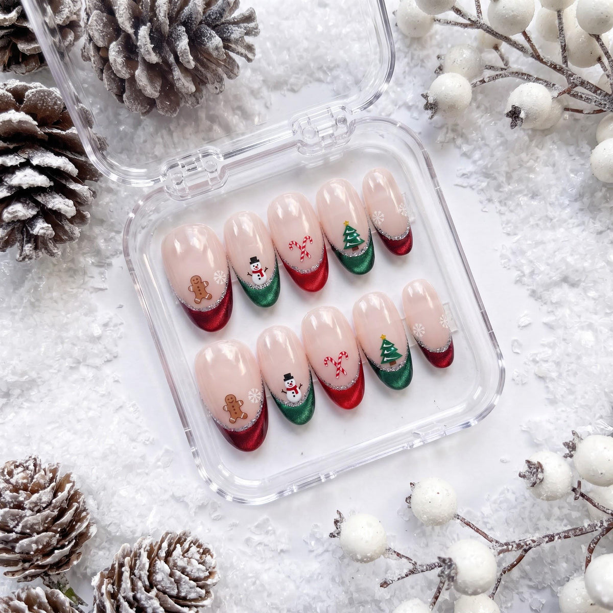 Christmas Press On Nails With Glitter French Tips, Gingerbread, Snowmen and Candy Canes