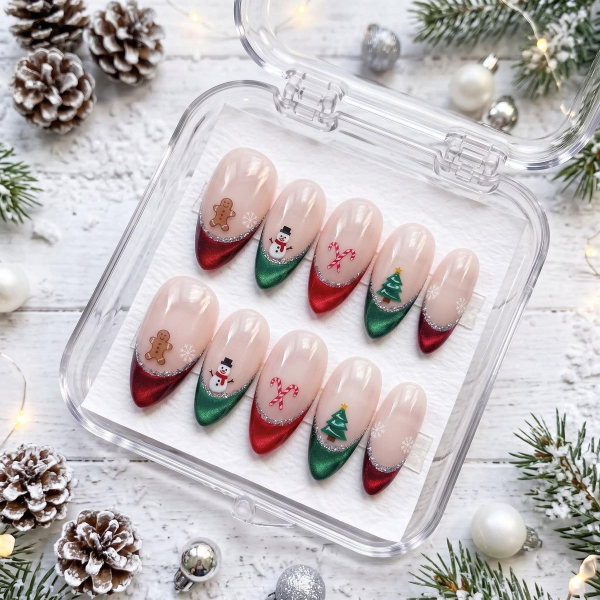 Christmas Press On Nails With Glitter French Tips, Gingerbread, Snowmen and Candy Canes