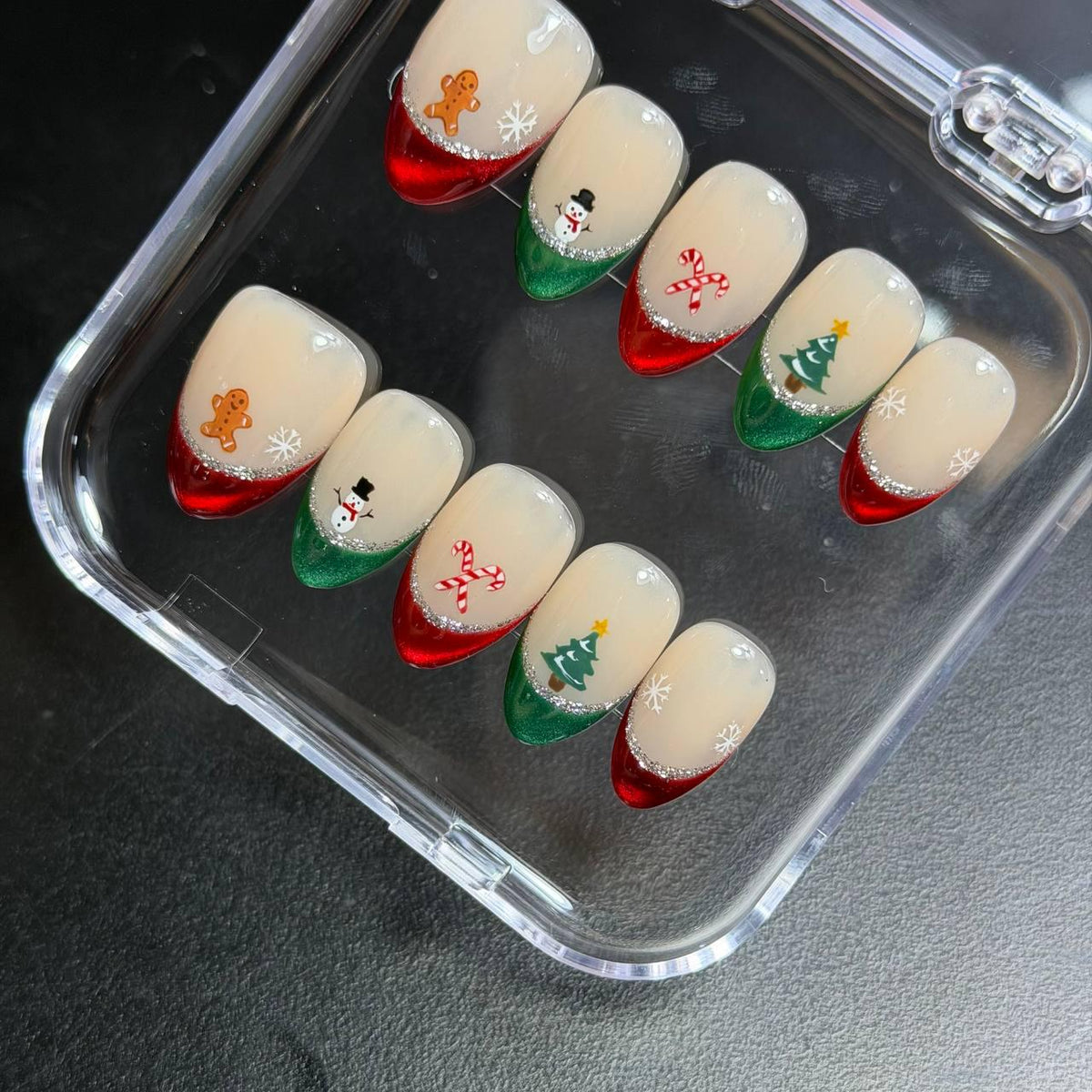 Christmas Press On Nails With Glitter French Tips, Gingerbread, Snowmen and Candy Canes