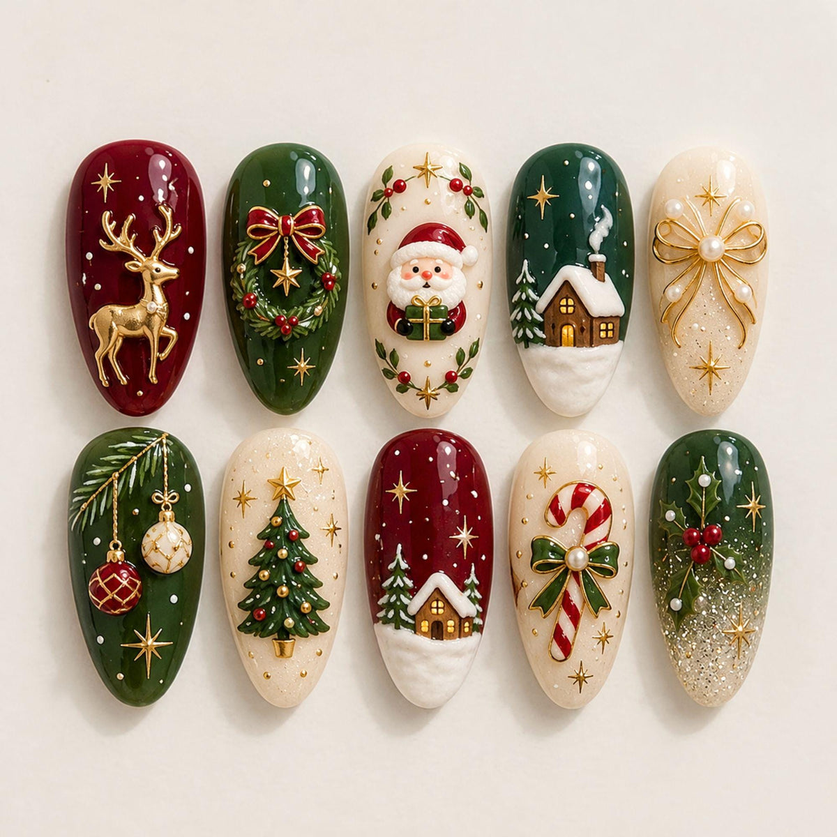 Christmas Press On Nails With Gold Bows, Reindeer, Ornaments, and Winter Scenes