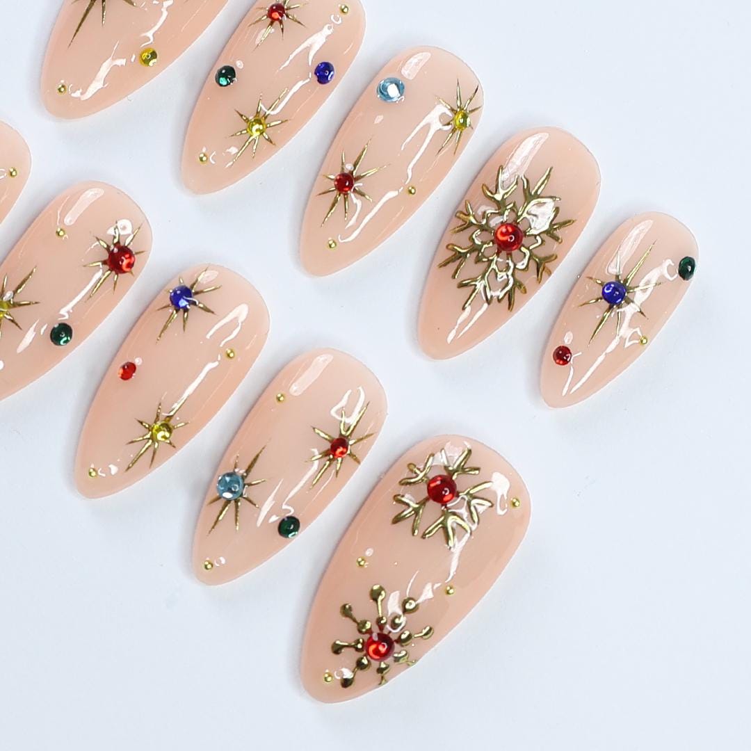 Christmas Press-On Nails with Gold Starbursts, Multicolored Gems and Raised Snowflake Charms