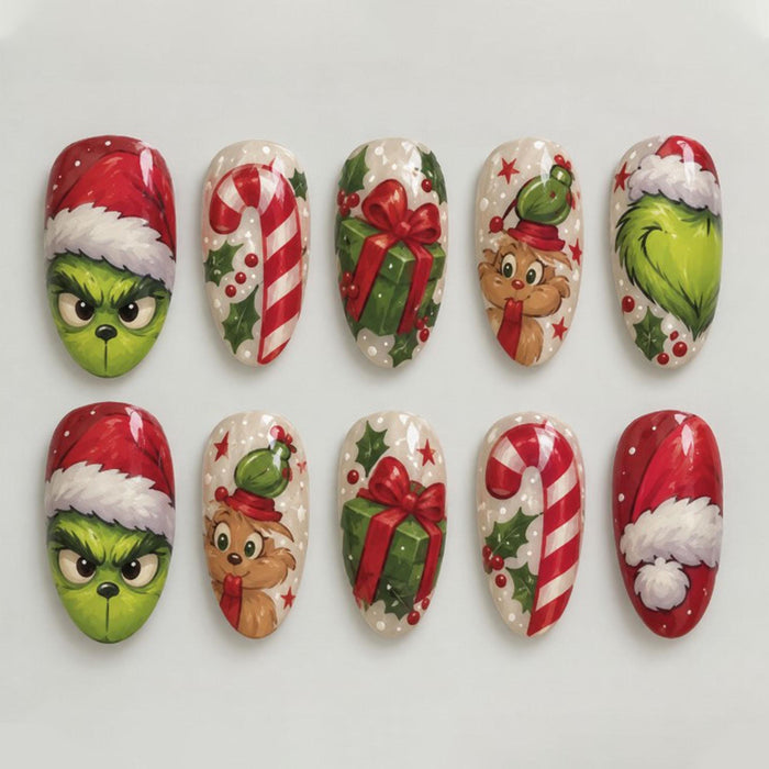 Christmas Press On Nails With Grumpy Green Faces, Candy Canes, Gifts, and Reindeer