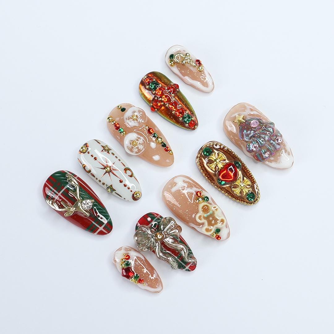 Christmas Press-On Nails with Plaid, 3D Trees, Bows and Rhinestones