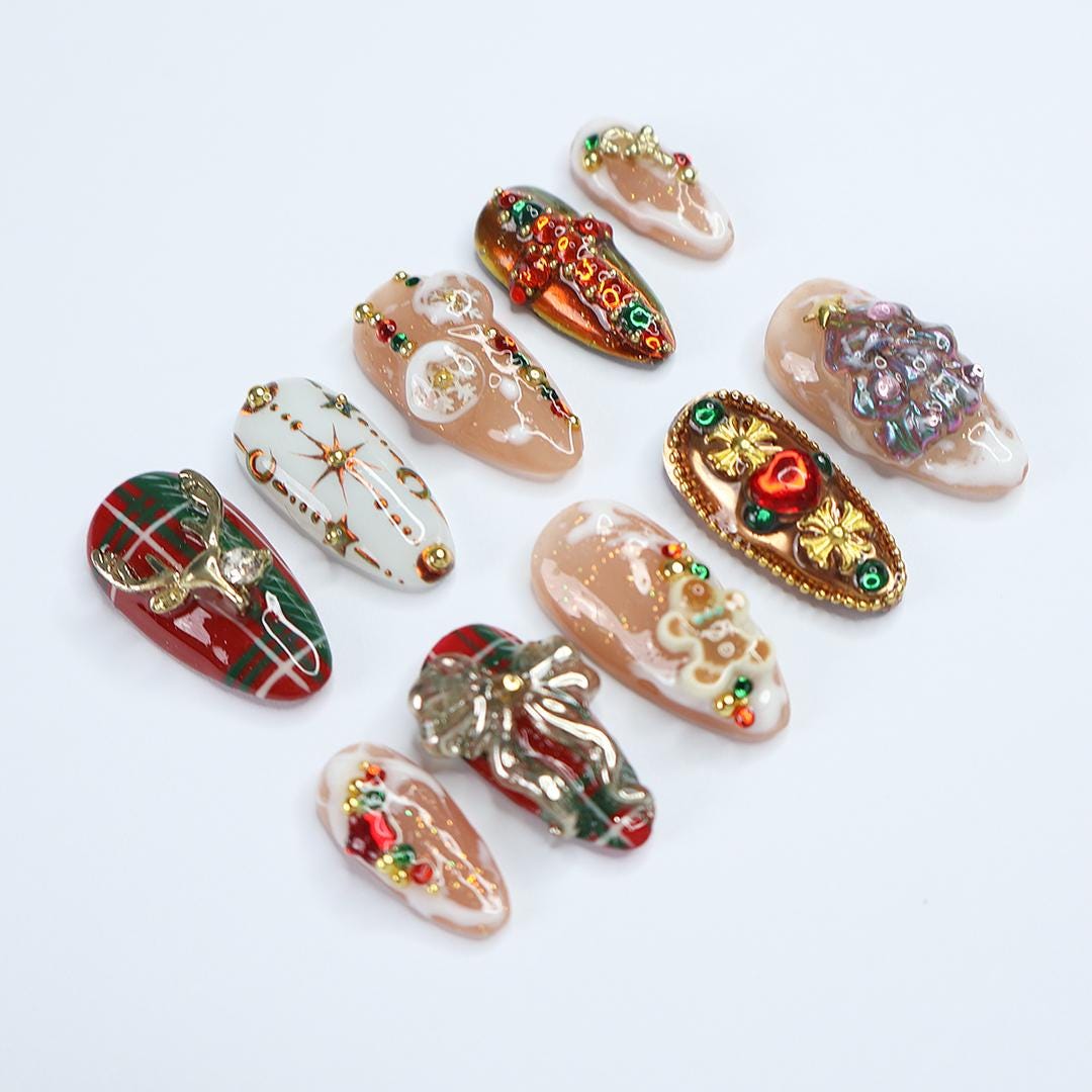 Christmas Press-On Nails with Plaid, 3D Trees, Bows and Rhinestones
