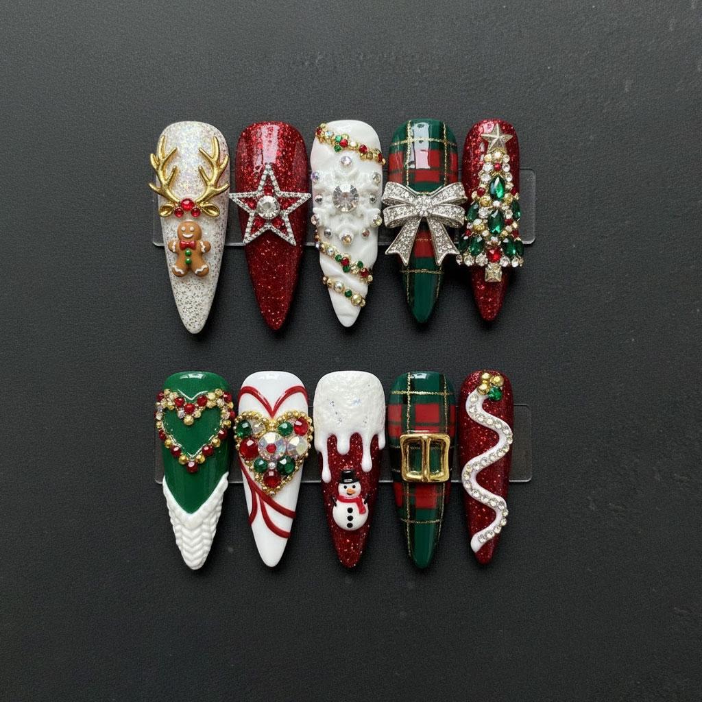 Christmas Press On Nails with Plaid, Candy Cane Stripes, 3D Bows and Holiday Charms