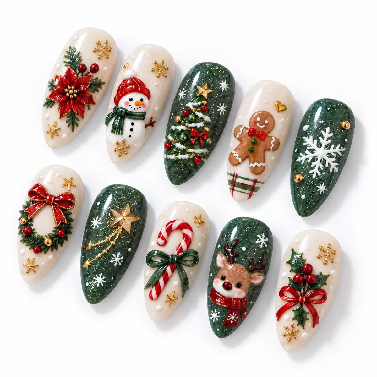 Christmas Press On Nails With Poinsettias, Bows, Snowflakes and 3D Holiday Characters