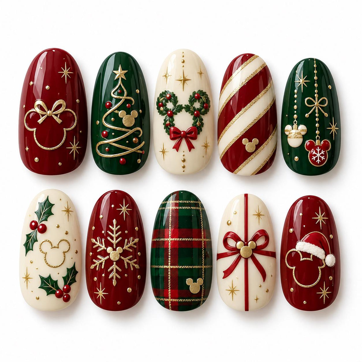 Christmas Press-On Nails with Red and Green Plaid, Gold Bows, Holly and Mouse-Ear Motifs