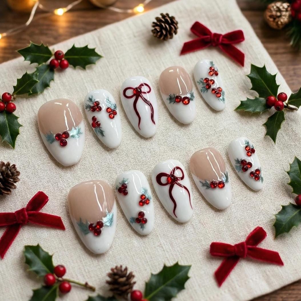 Christmas Press On Nails with Red Bows, Holly Leaves & Berry Accents