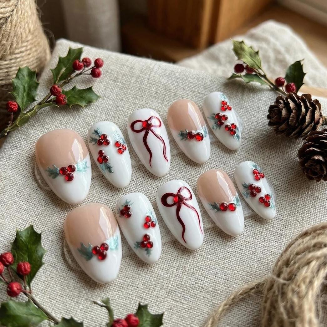 Christmas Press On Nails with Red Bows, Holly Leaves & Berry Accents
