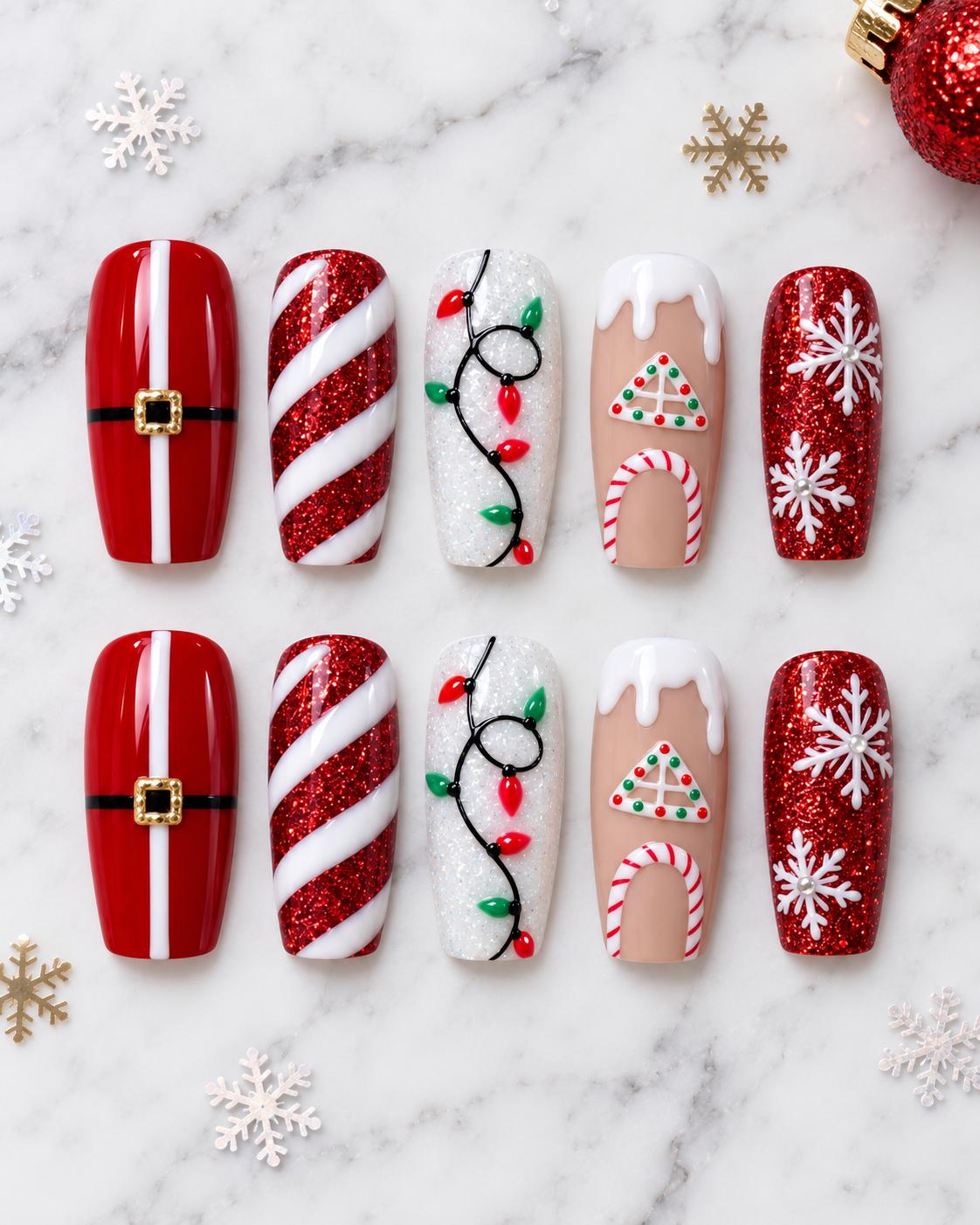 Christmas Press On Nails With Red Glitter Candy Canes, Holiday Lights and Snowflakes