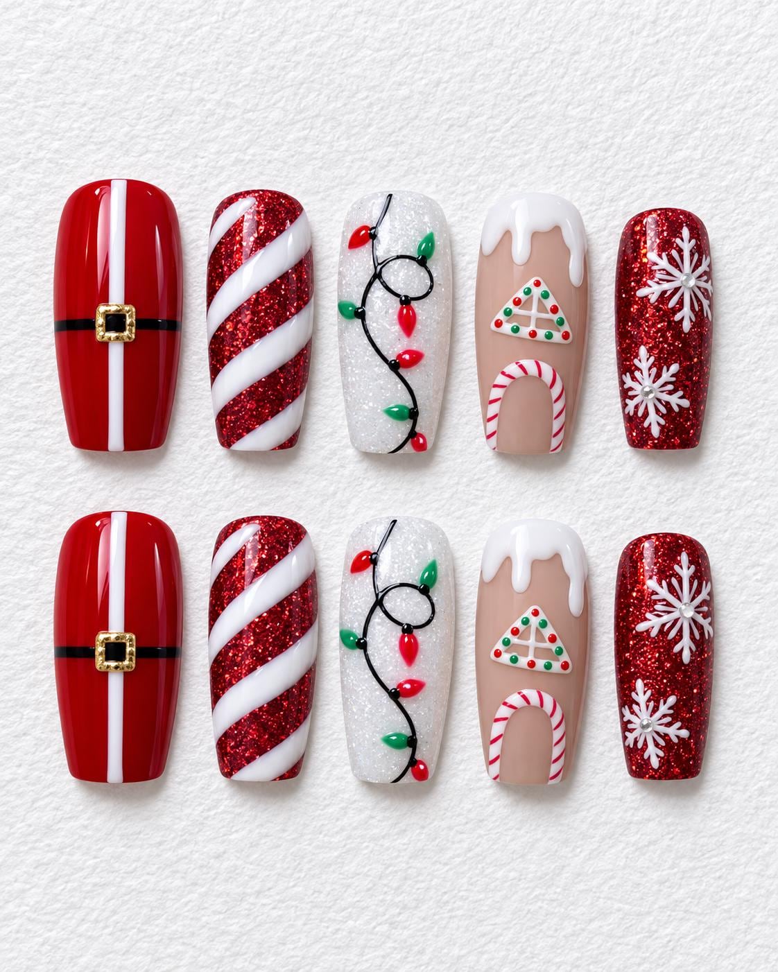 Christmas Press On Nails With Red Glitter Candy Canes, Holiday Lights and Snowflakes