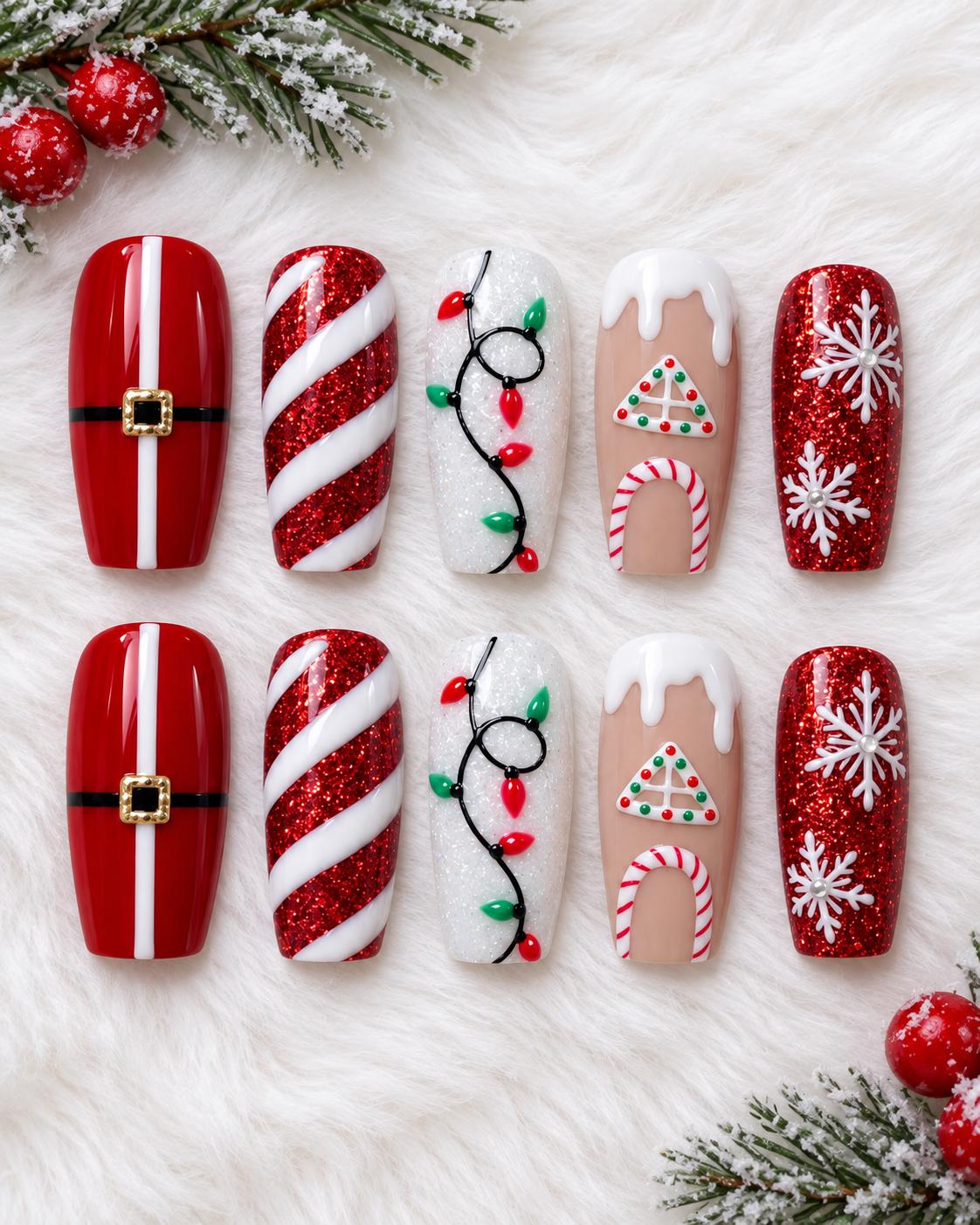 Christmas Press On Nails With Red Glitter Candy Canes, Holiday Lights and Snowflakes