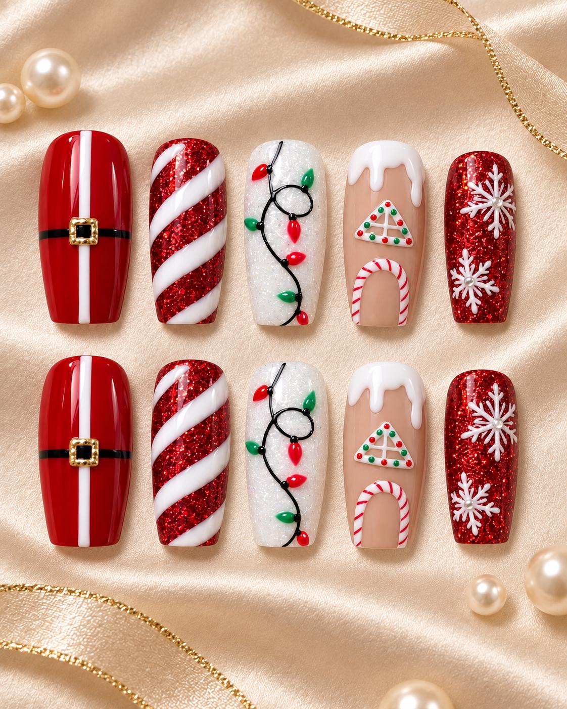 Christmas Press On Nails With Red Glitter Candy Canes, Holiday Lights and Snowflakes