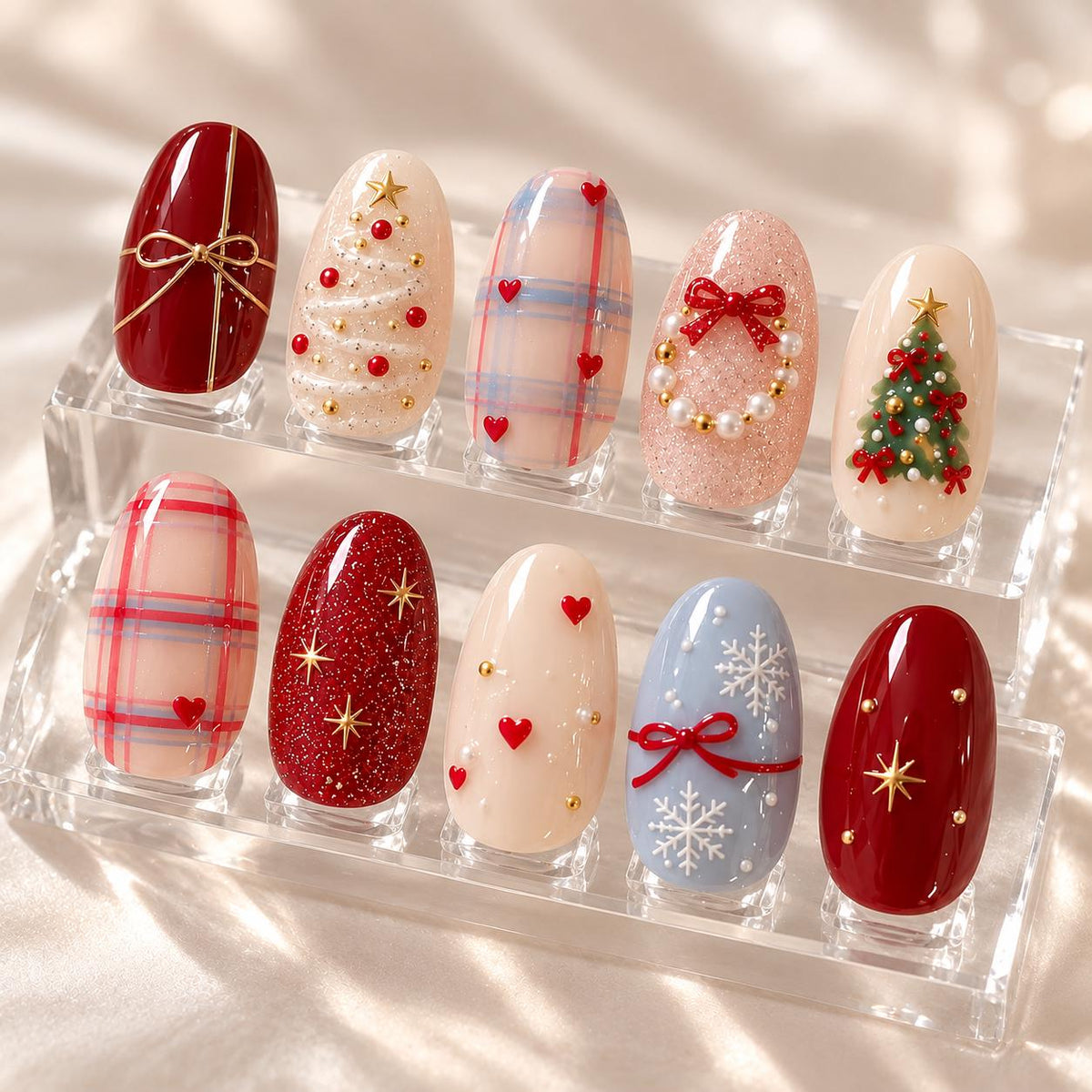 Christmas Press-On Nails with Red Plaid, Glitter, Bows, Trees and Snowflakes
