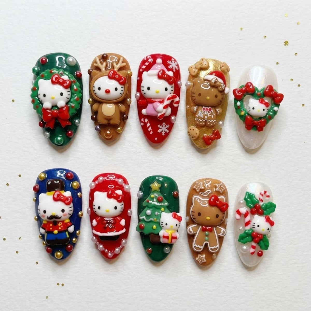 Christmas Press On Nails With Reindeer, Gingerbread & Candy Cane Details