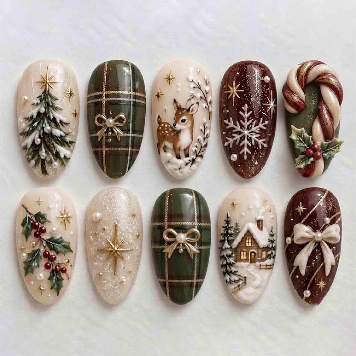 Christmas Press On Nails With Reindeer, Plaid, Snowy Cabin, and Candy Cane Art
