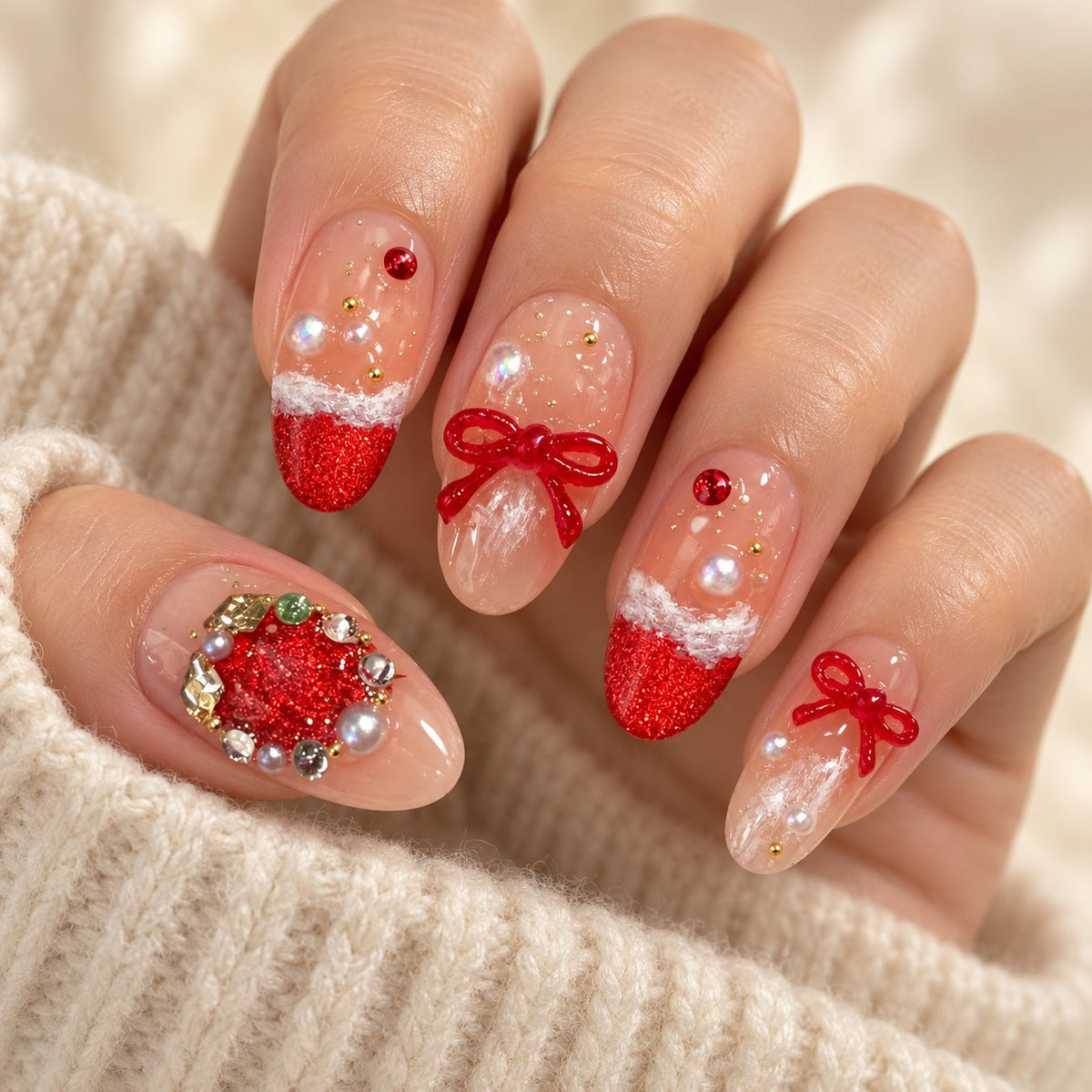 Christmas Press On Nails with Santa Faces, Candy Canes and Christmas Trees worn on hand