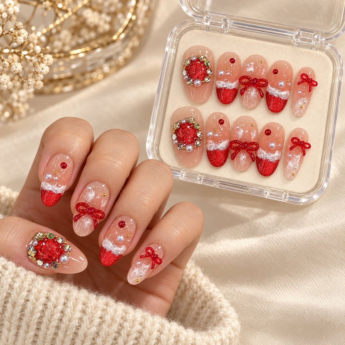 Christmas Press On Nails with Santa Faces, Candy Canes and Christmas Trees worn on hand with acrylic storage box