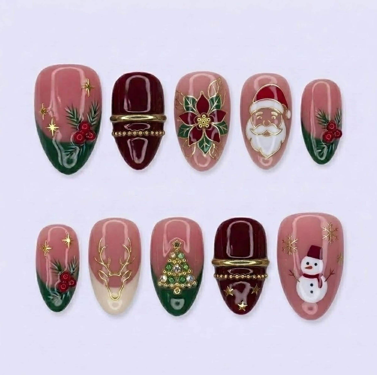 Christmas Press On Nails with Santa, Snowman, Poinsettias and Rhinestone Tree