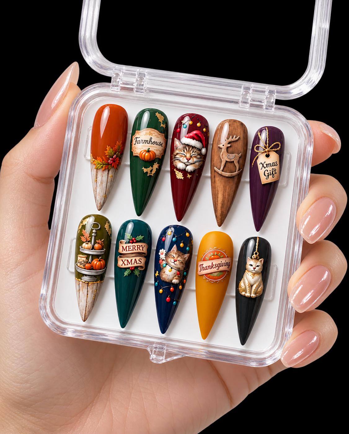 Christmas Press On Nails With Santa, Snowman, Reindeer and Gingerbread Designs