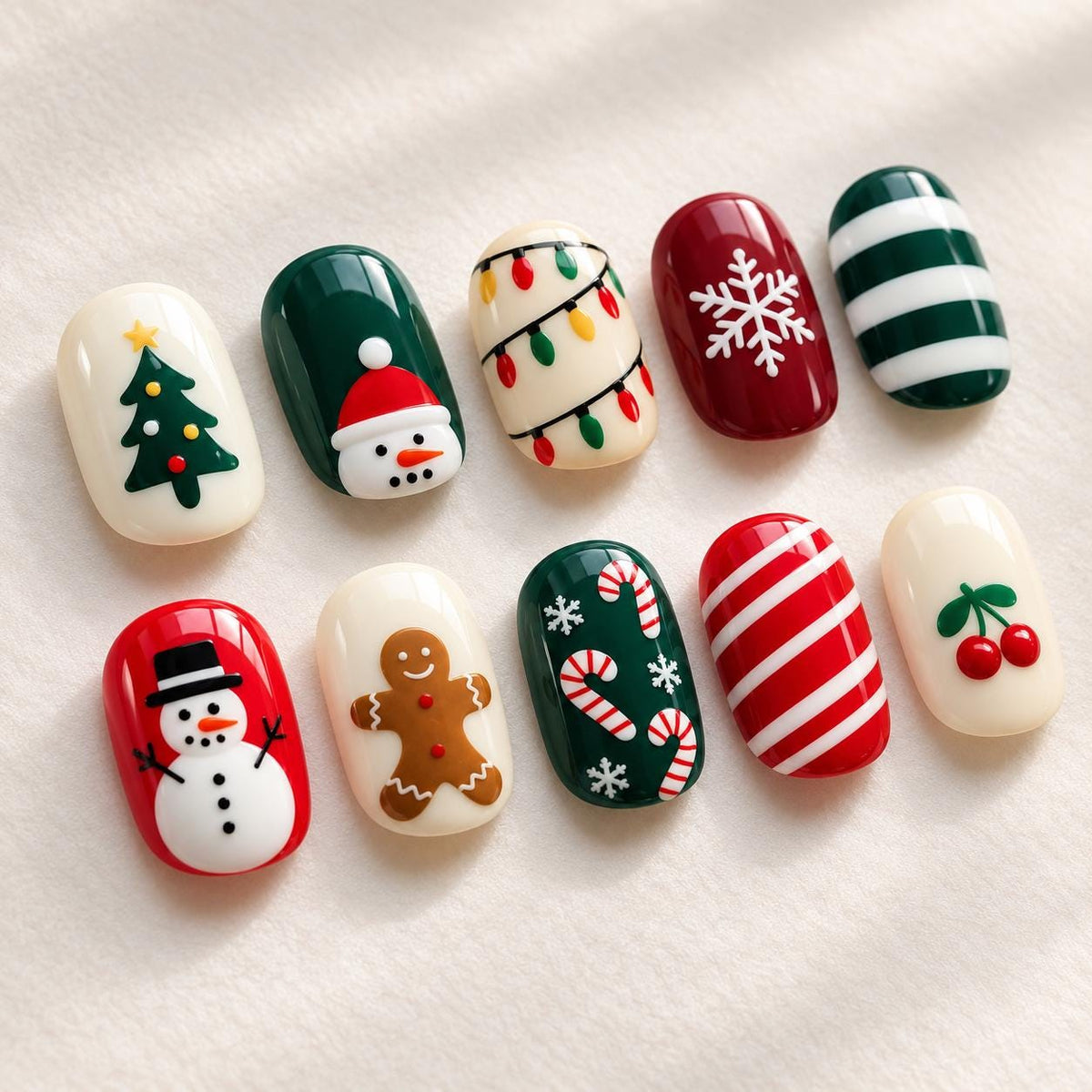 Christmas Press-On Nails With Santa, Snowmen, Candy Canes and Holiday Motifs