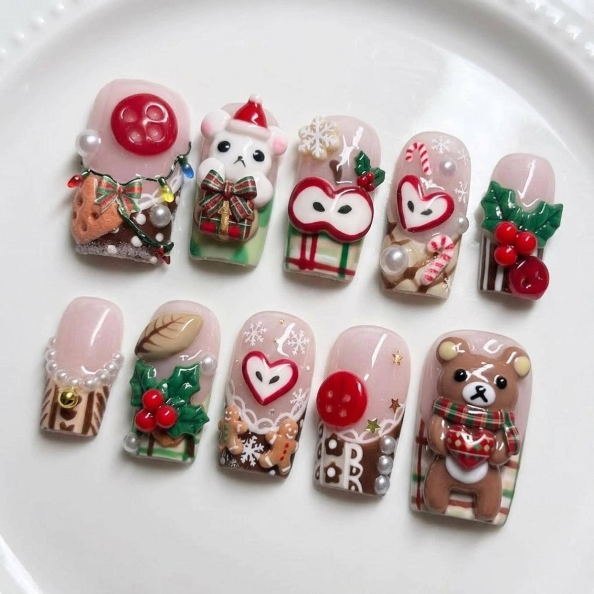 Christmas Press On Nails With Teddy Bear, Candy Cane, Holly & 3D Details