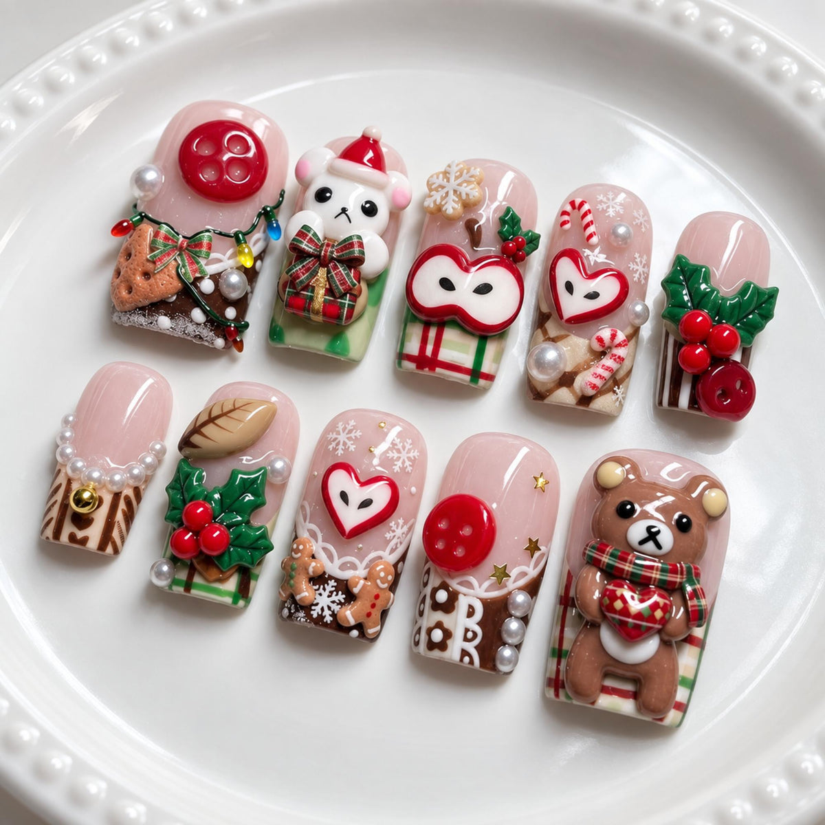 Christmas Press On Nails With Teddy Bear, Candy Cane, Holly & 3D Details