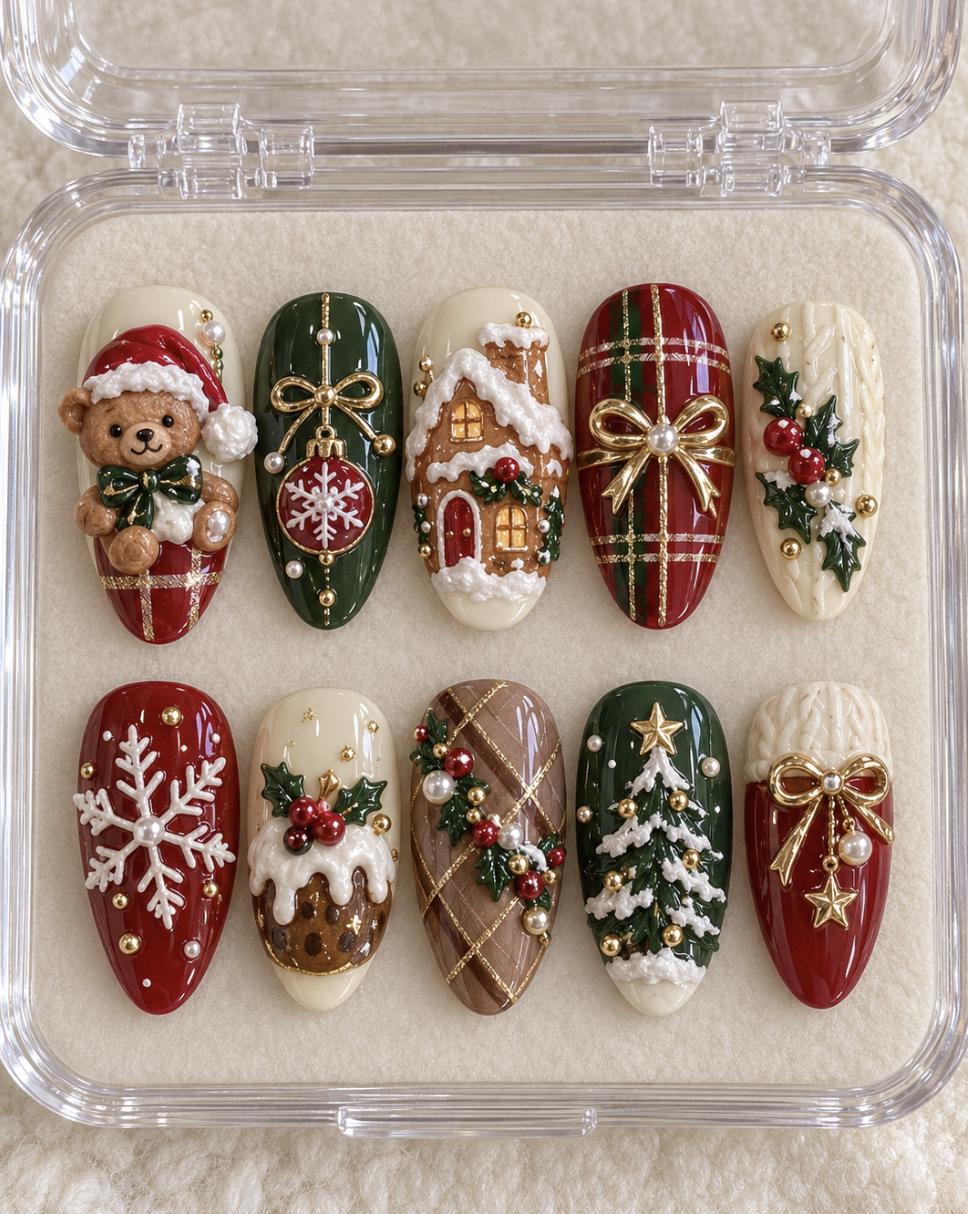 Christmas Press On Nails with Teddy Bear, Gingerbread House, Plaid and Gold Bows