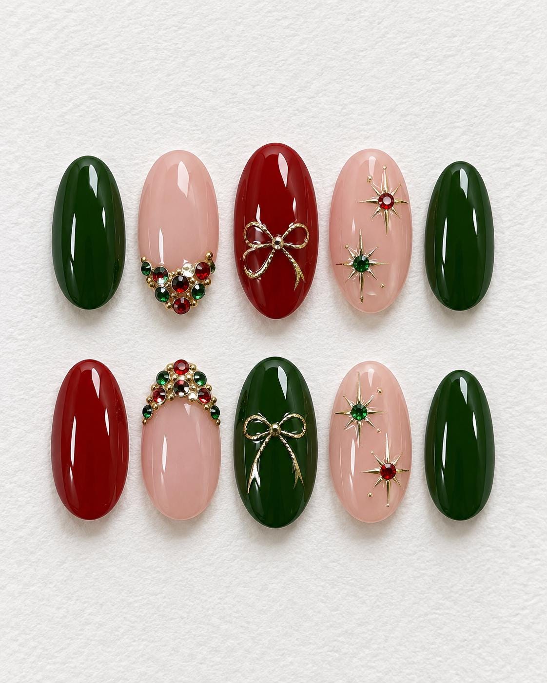 Christmas Red and Emerald Green Nails with Gold Bows and Rhinestones