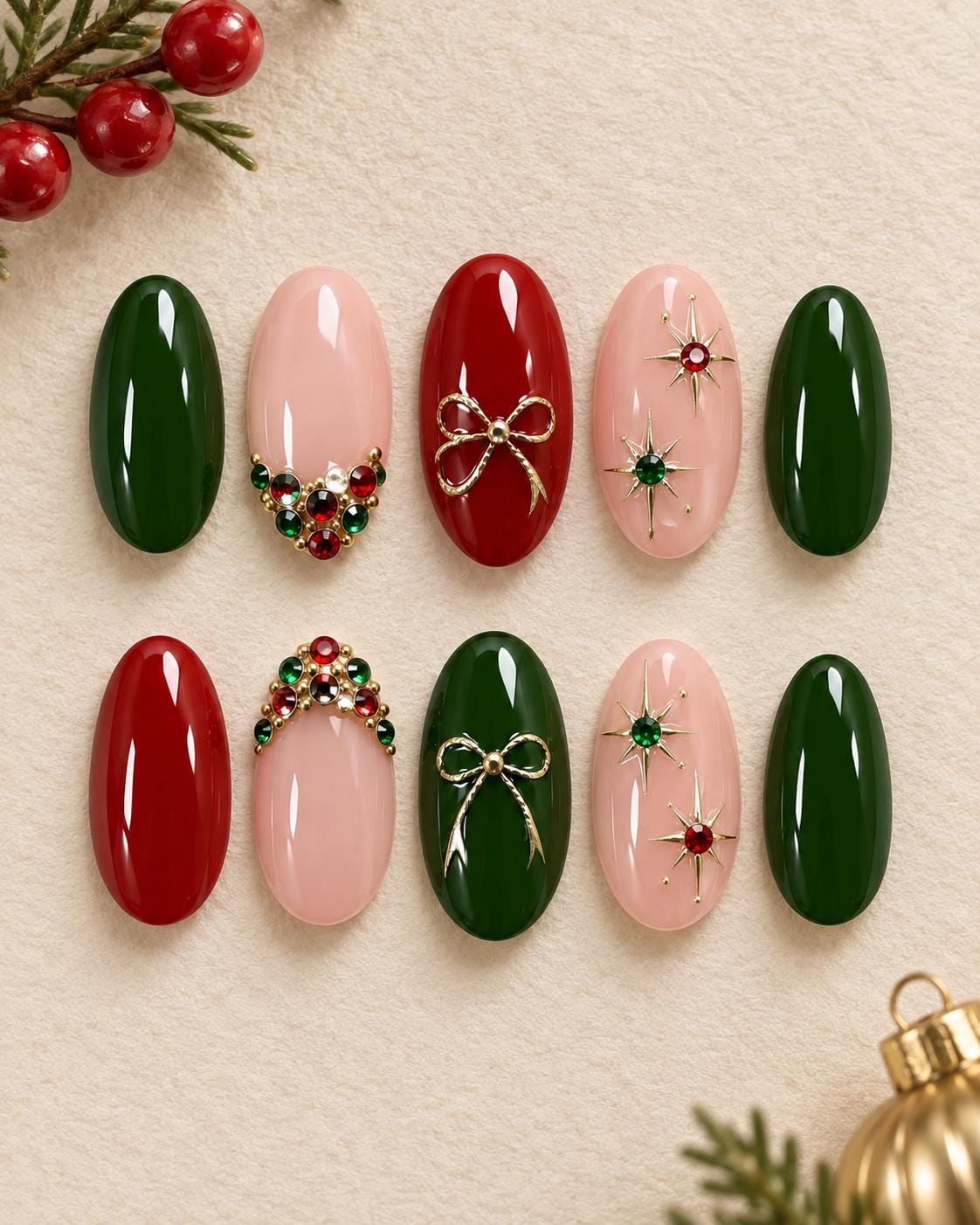 Christmas Red and Emerald Green Nails with Gold Bows and Rhinestones