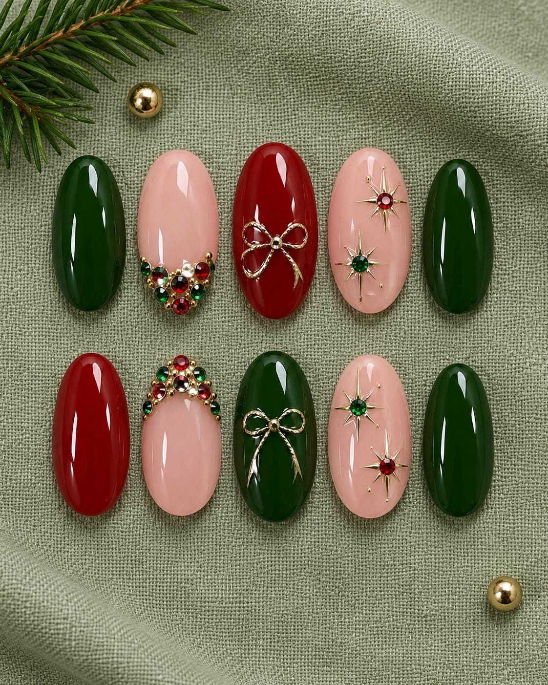 Christmas Red and Emerald Green Nails with Gold Bows and Rhinestones