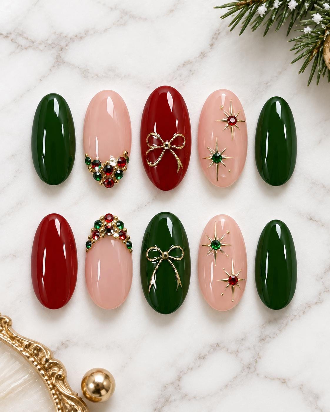 Christmas Red and Emerald Green Nails with Gold Bows and Rhinestones