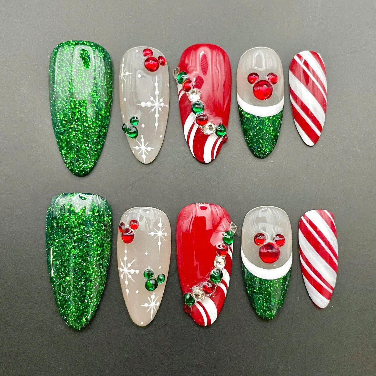 Christmas Red and Green Glitter Mouse Ear Nails With Snowflakes and Candy Cane Stripes