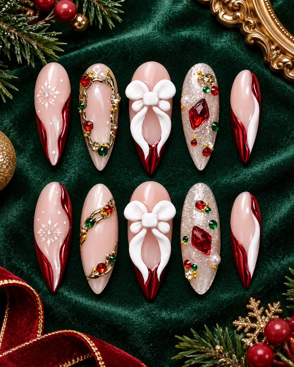 Christmas Red and Nude Nails with 3D White Bows, Snowflakes and Rhinestones