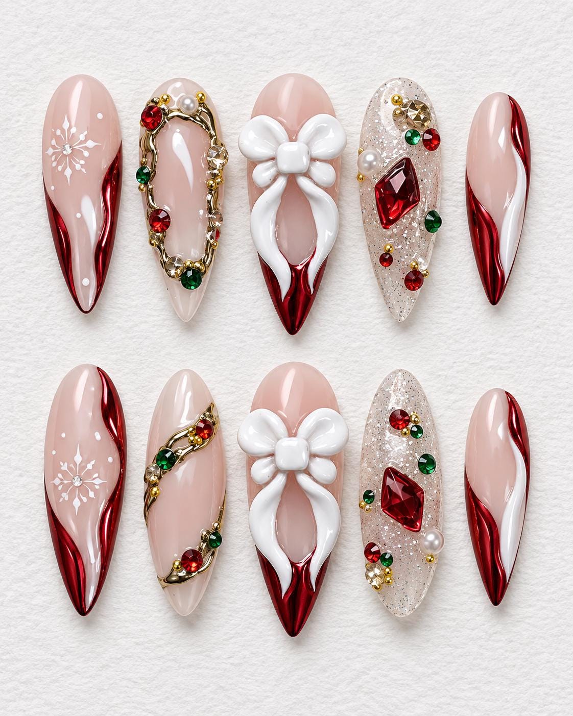 Christmas Red and Nude Nails with 3D White Bows, Snowflakes and Rhinestones