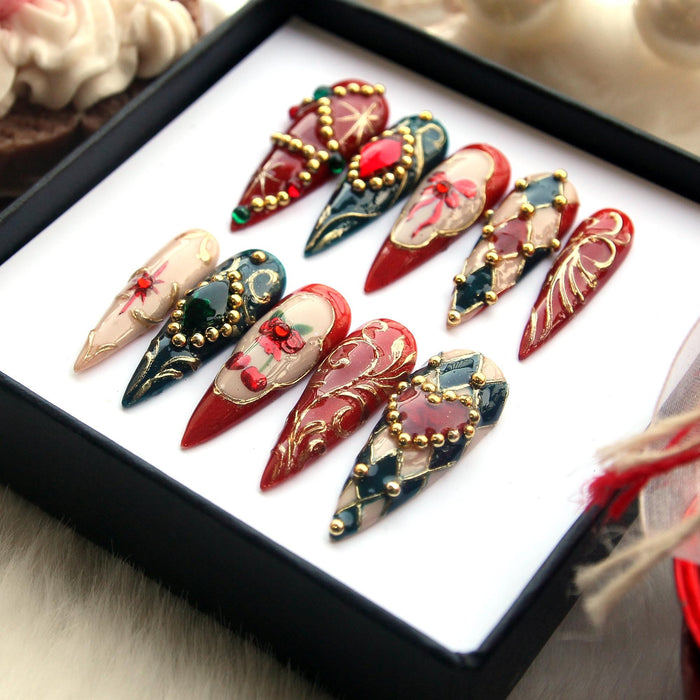 Christmas Red and Teal Press On Nails with Gold Filigree, Beads, Cherries and Bow