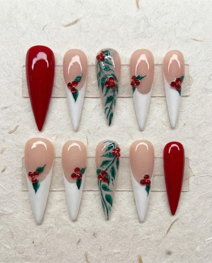 Christmas Red French Tip Nails with Holly Leaves and Rhinestone Berries