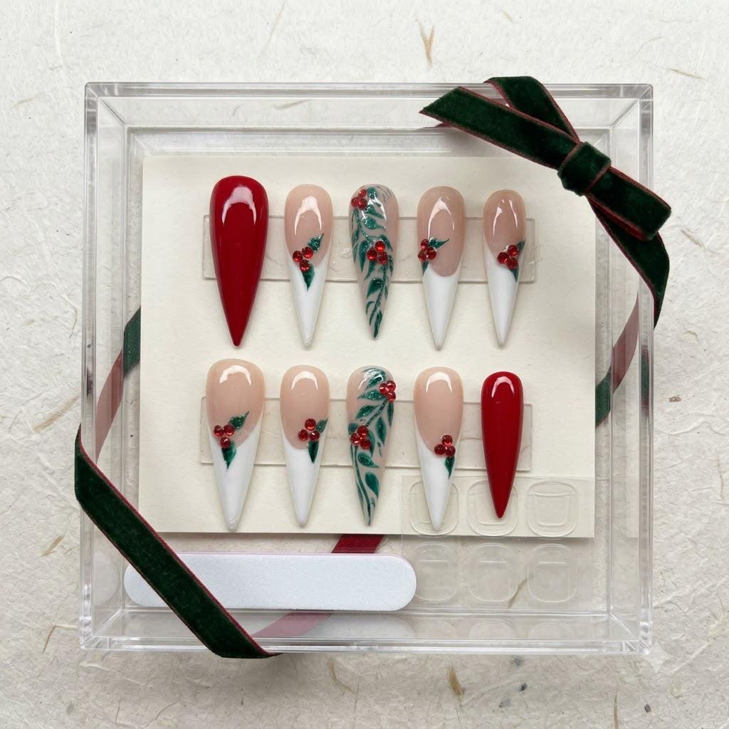 Christmas Red French Tip Nails with Holly Leaves and Rhinestone Berries