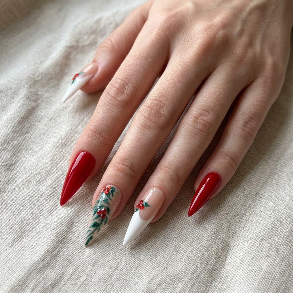 Christmas Red French Tip Nails with Holly Leaves and Rhinestone Berries