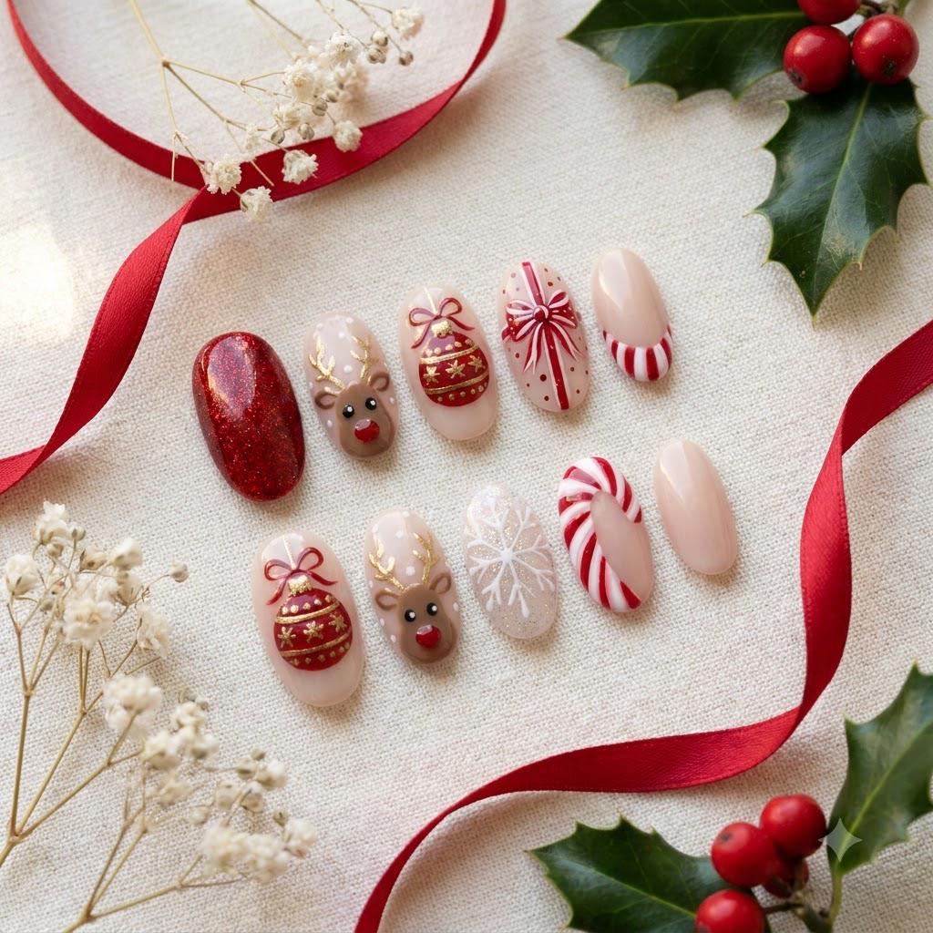 Christmas Red Glitter and Gold Reindeer Nail Set