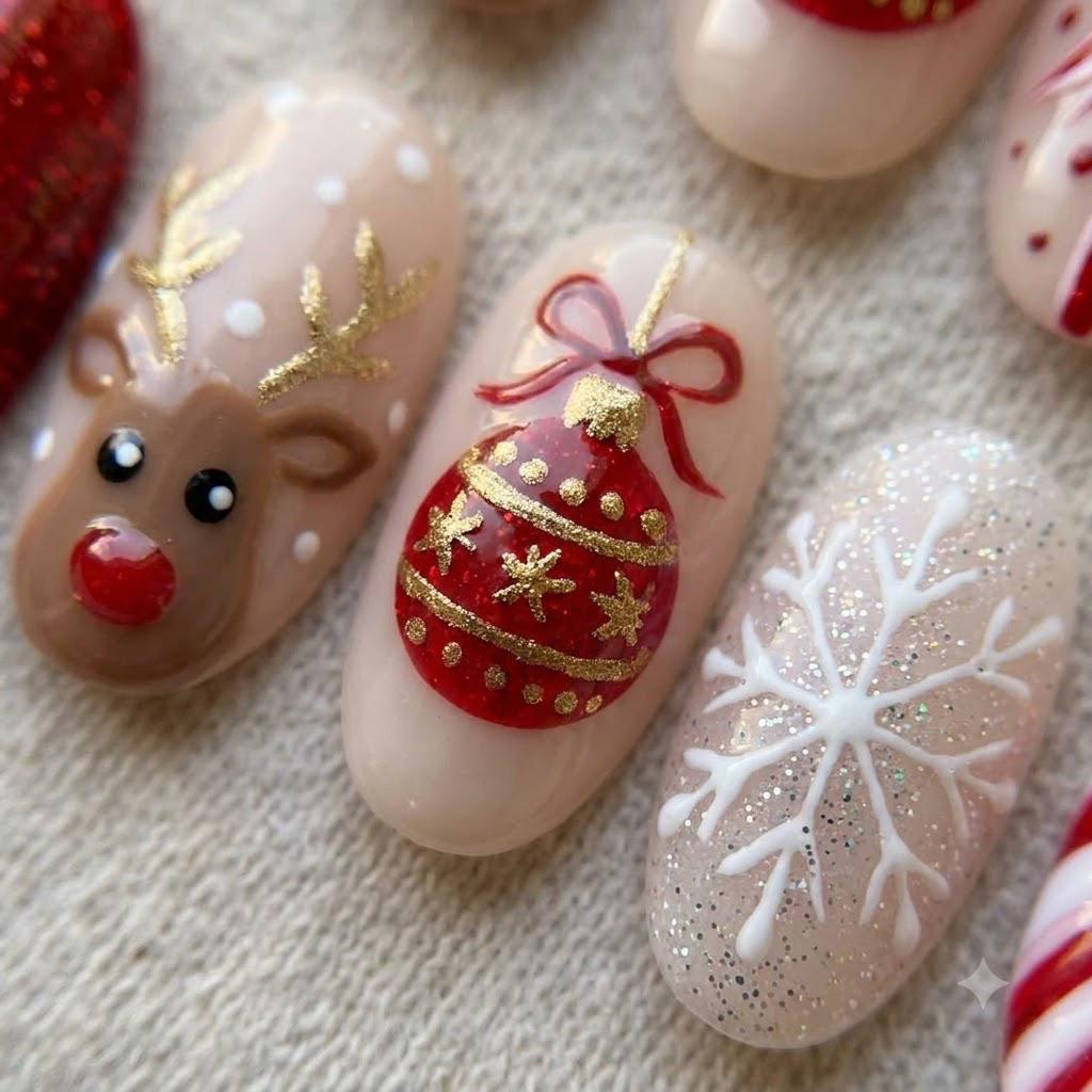 Christmas Red Glitter and Gold Reindeer Nail Set