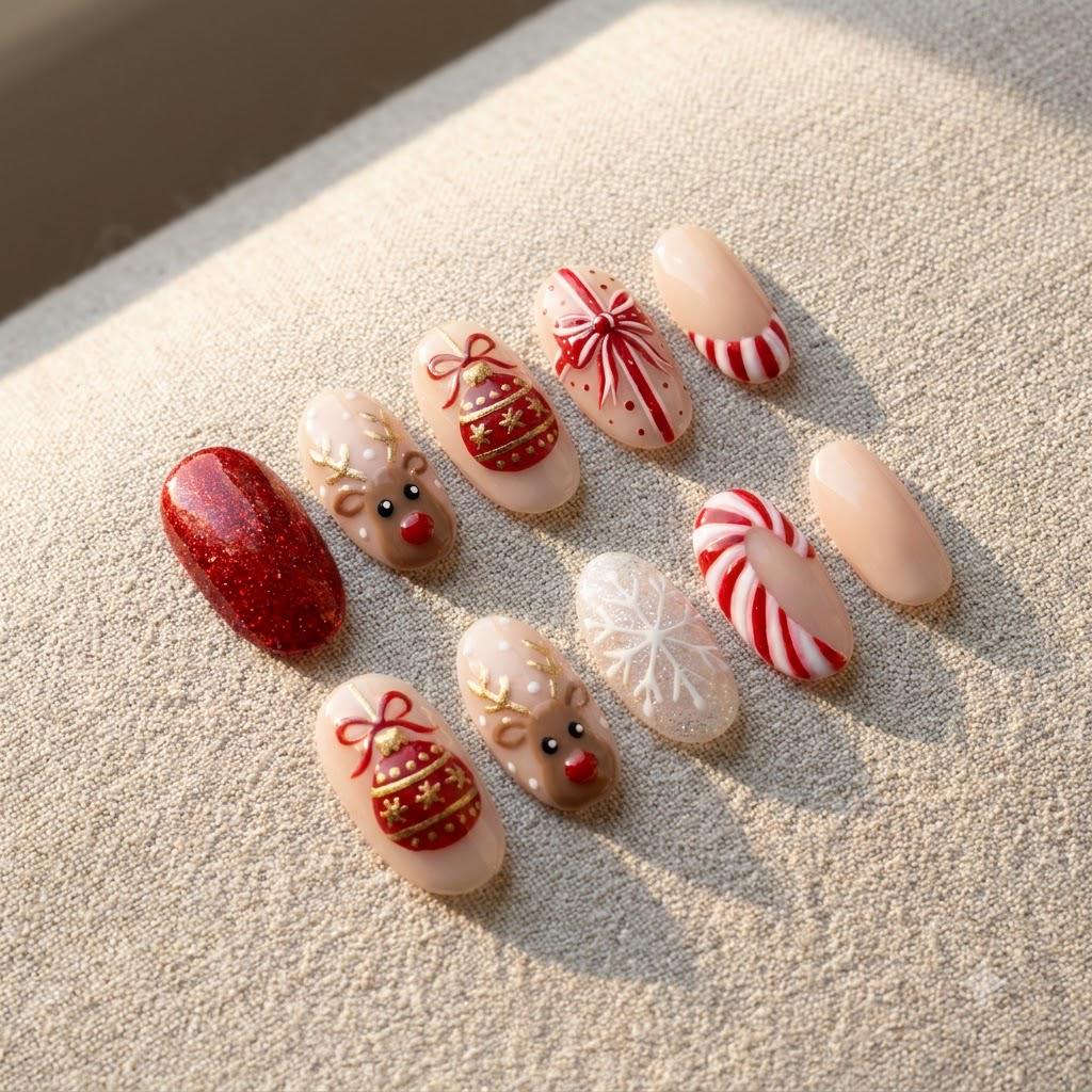 Christmas Red Glitter and Gold Reindeer Nail Set