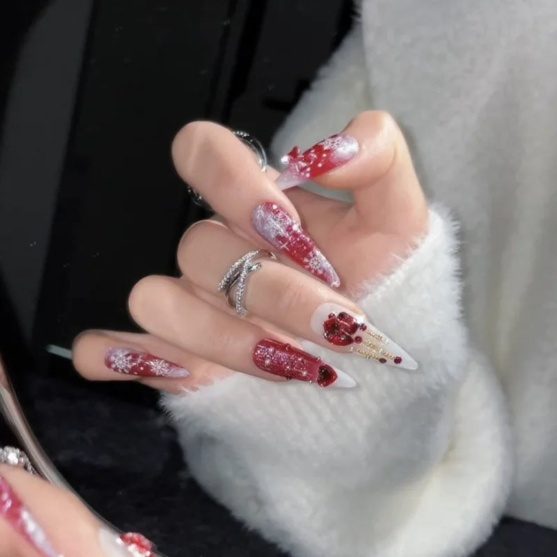 Christmas Red Glitter Snowflake French Tip Press On Nails