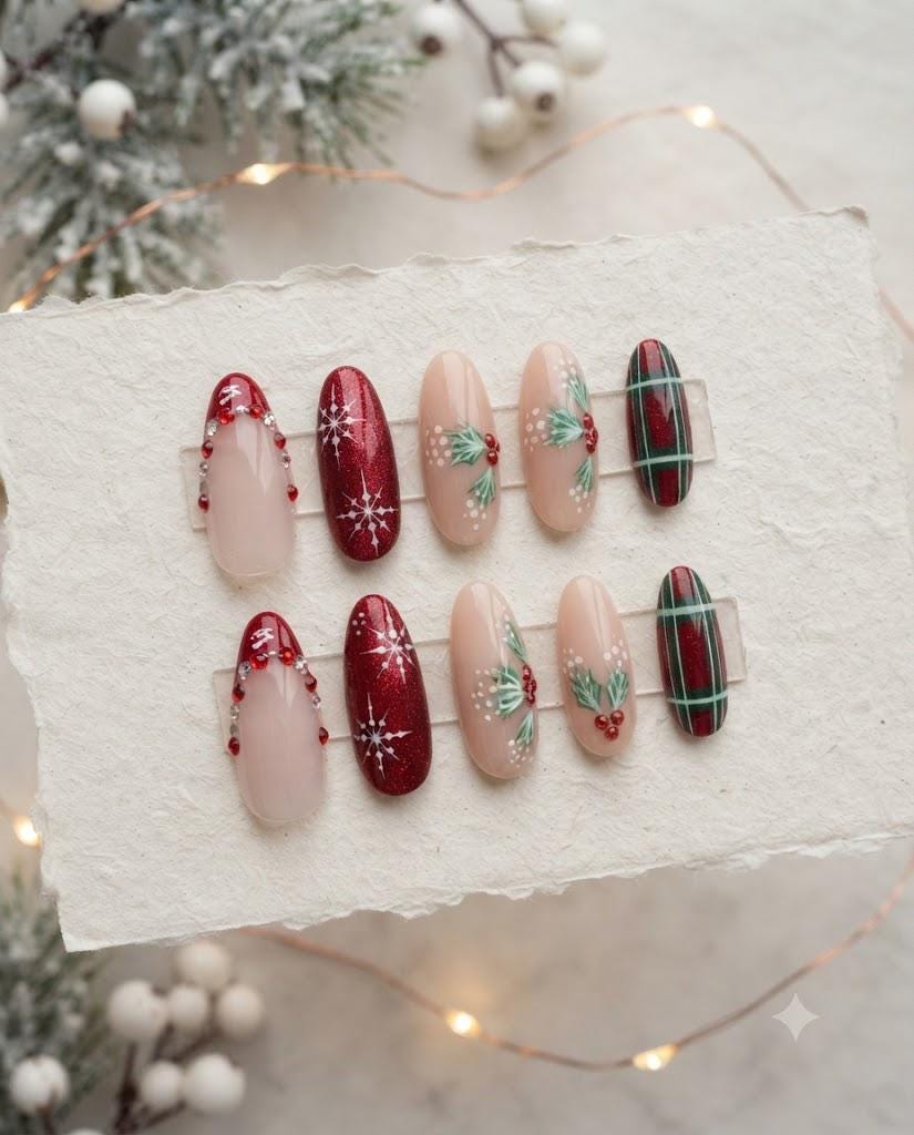 Christmas Red Glitter Snowflake, Holly and Plaid Nail Set