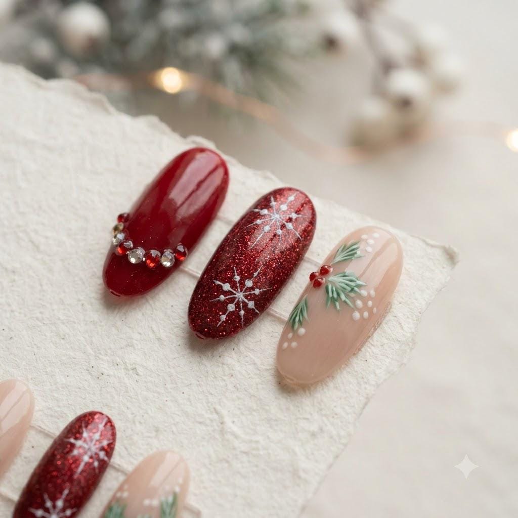 Christmas Red Glitter Snowflake, Holly and Plaid Nail Set